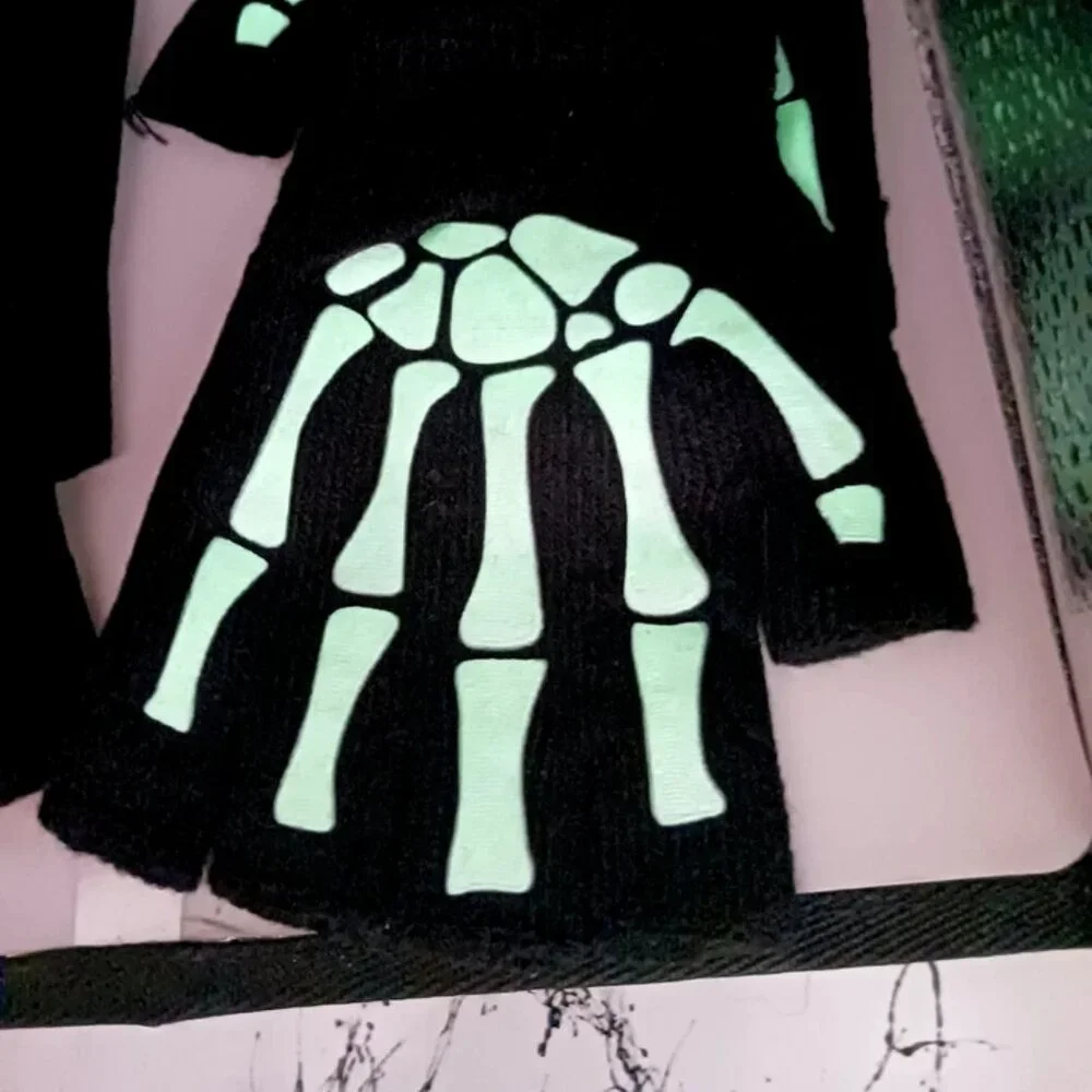 Skeleton Print Fingerless Goth Gloves-Black TWO Pair Unisex New